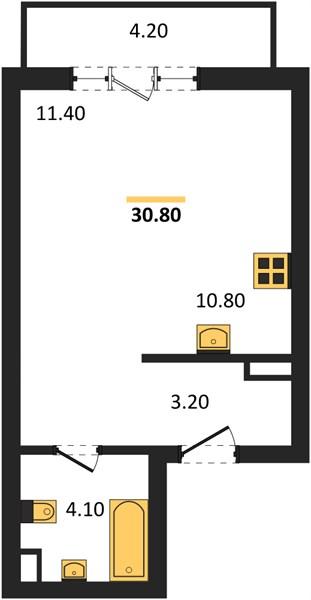 Студия, 30.8 м²