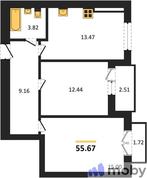 2-комнатная квартира, 55.7 м²