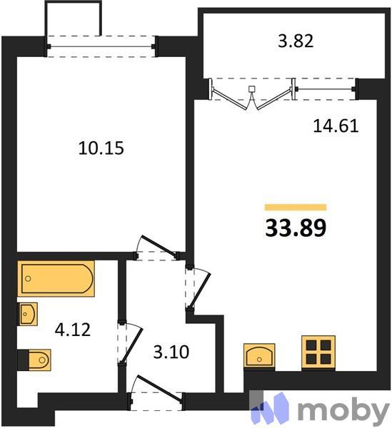1-комнатная квартира, 33.9 м²