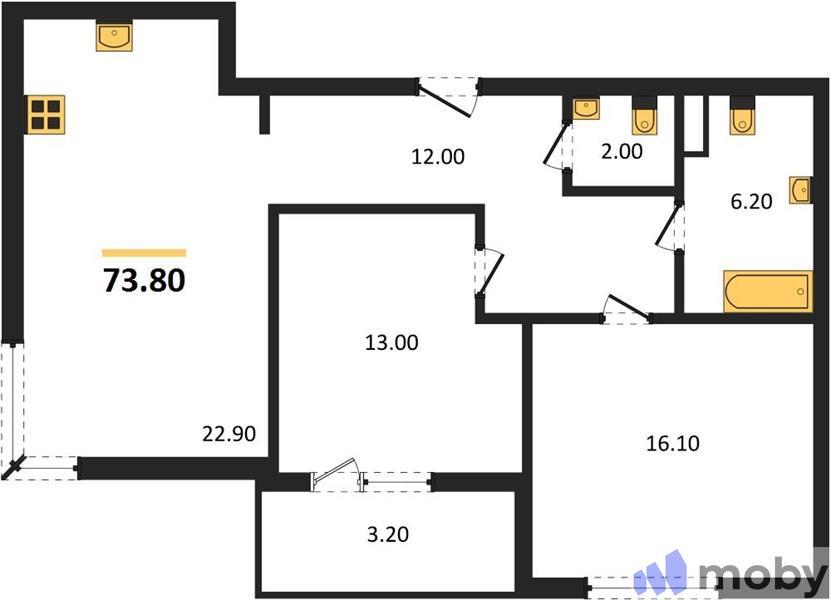 2-комнатная квартира, 73.8 м²
