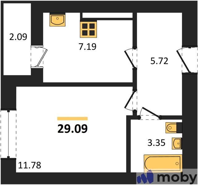 1-комнатная квартира, 30.1 м²