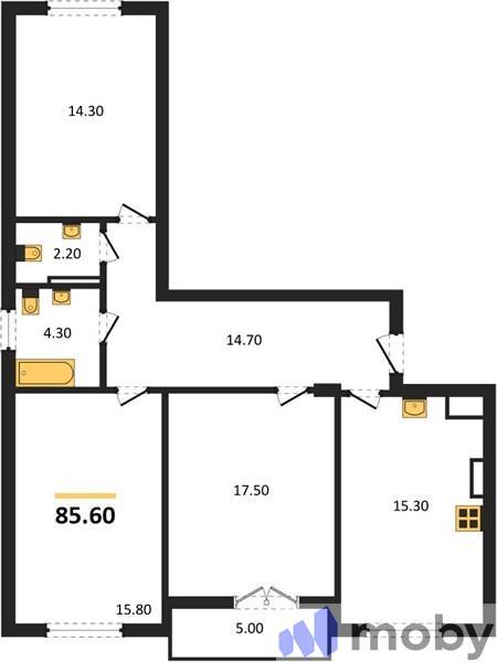 3-комнатная квартира, 85.6 м²