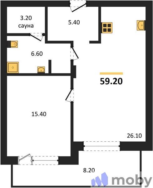1-комнатная квартира, 59.2 м²