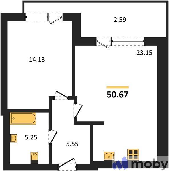 1-комнатная квартира, 50.7 м²