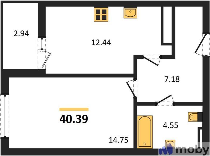 1-комнатная квартира, 40.4 м²