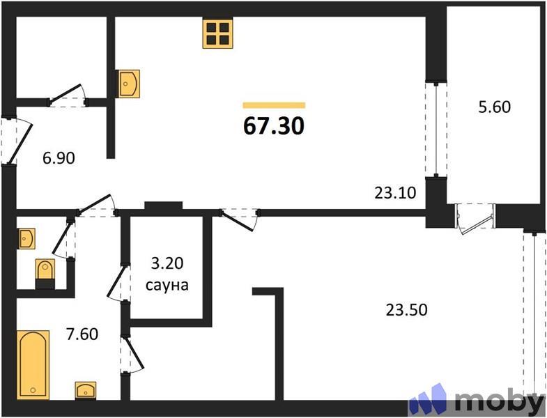 1-комнатная квартира, 67.0 м²