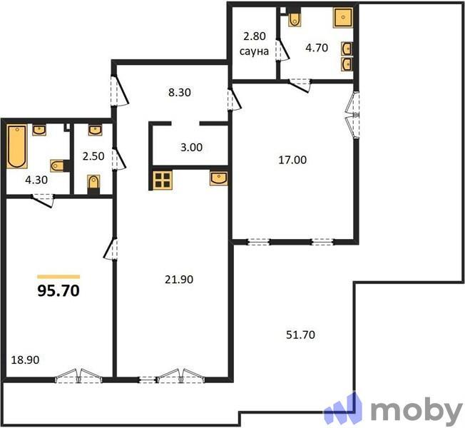 2-комнатная квартира, 95.7 м²