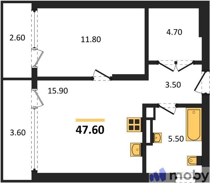 1-комнатная квартира, 47.6 м²