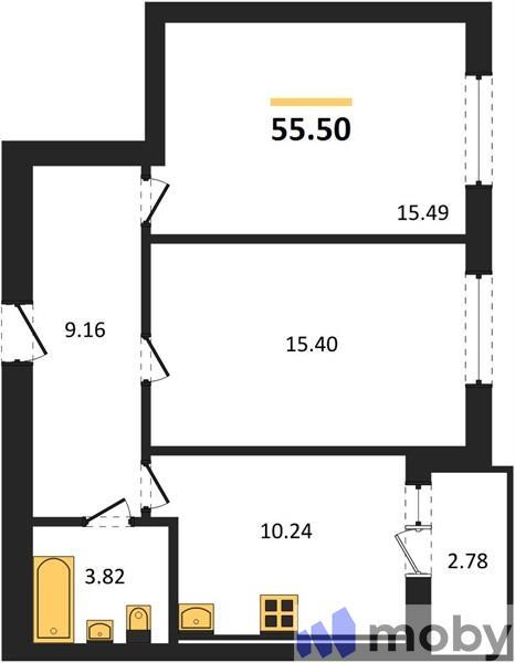 2-комнатная квартира, 55.5 м²
