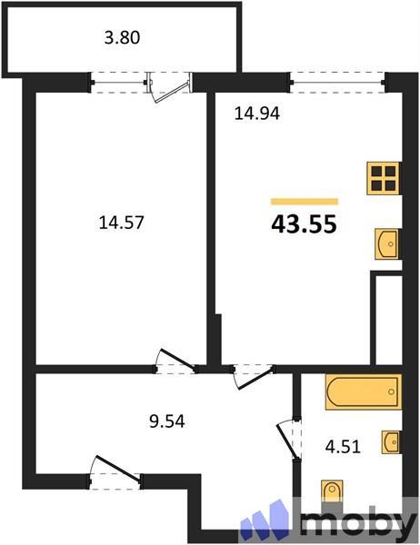 1-комнатная квартира, 43.8 м²