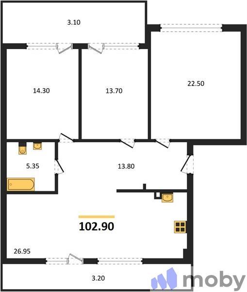 3-комнатная квартира, 102.9 м²