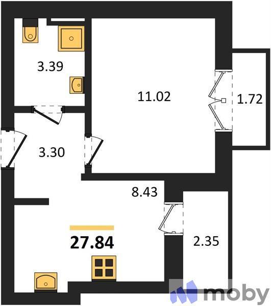 1-комнатная квартира, 30.2 м²