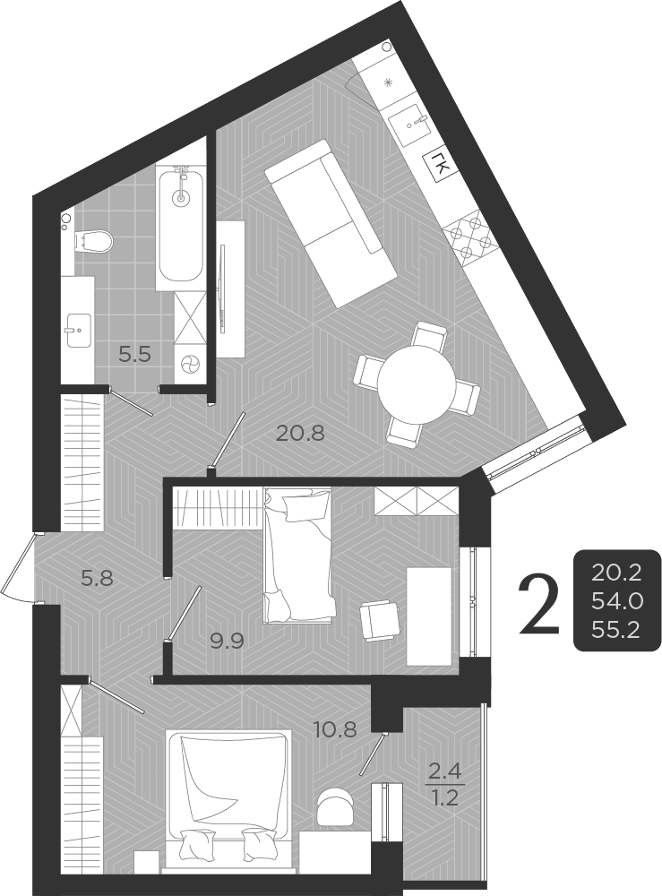 3-комнатная квартира, 58.8 м²