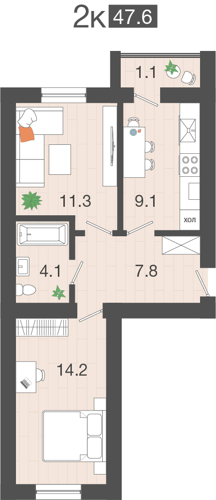2-комнатная квартира, 47.6 м²