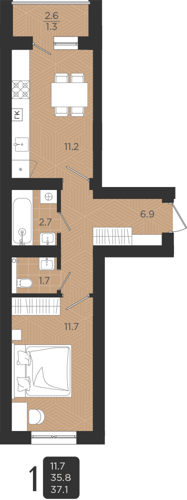 3-комнатная квартира, 58.8 м²