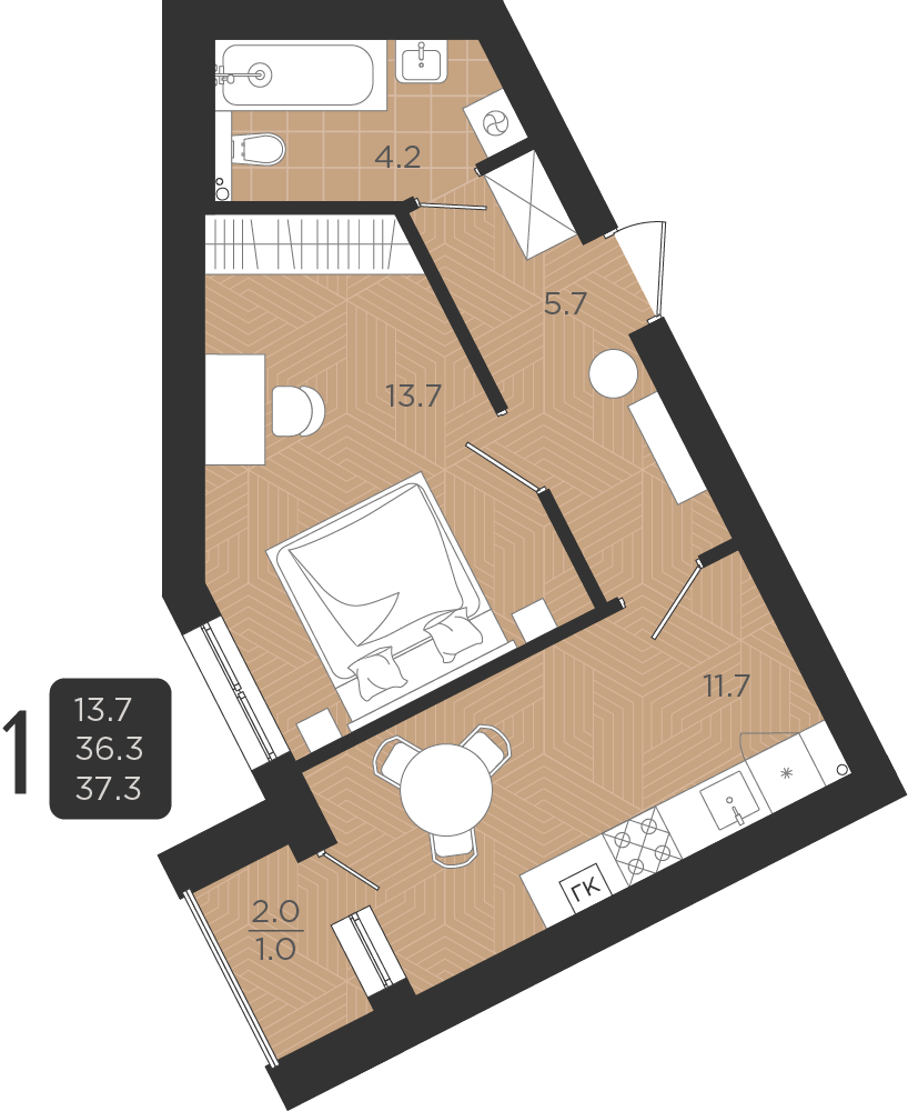 1-комнатная квартира, 36.3 м²