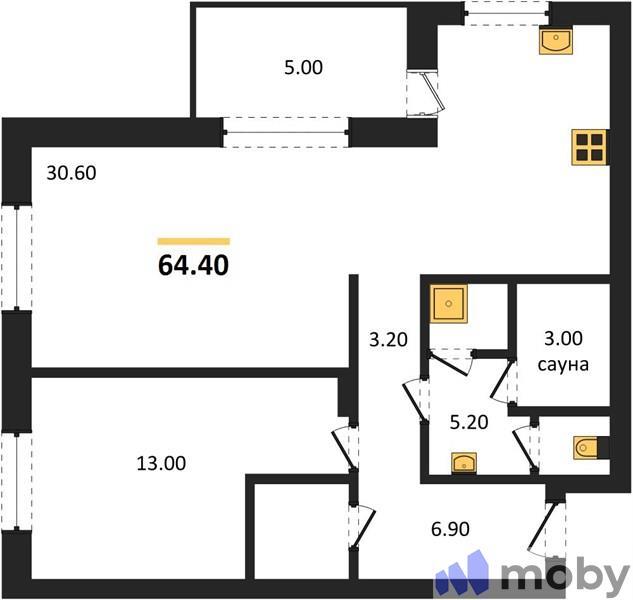 1-комнатная квартира, 64.4 м²