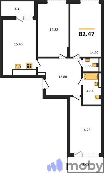 3-комнатная квартира, 83.0 м²