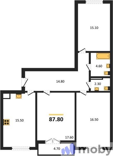 3-комнатная квартира, 87.8 м²