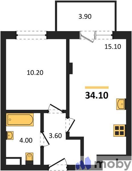 1-комнатная квартира, 34.1 м²