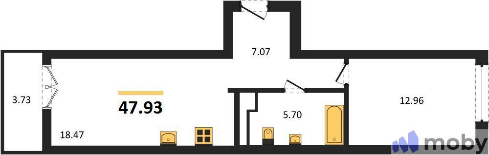 1-комнатная квартира, 47.9 м²