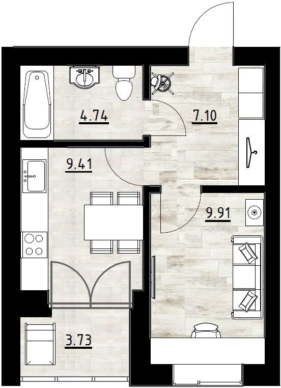 1-комнатная квартира, 34.9 м²