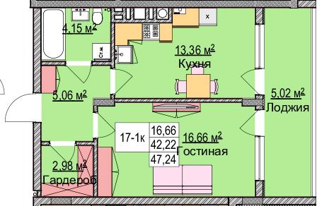 1-комнатная квартира, 47.6 м²