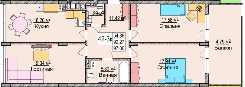 3-комнатная квартира, 99.2 м²