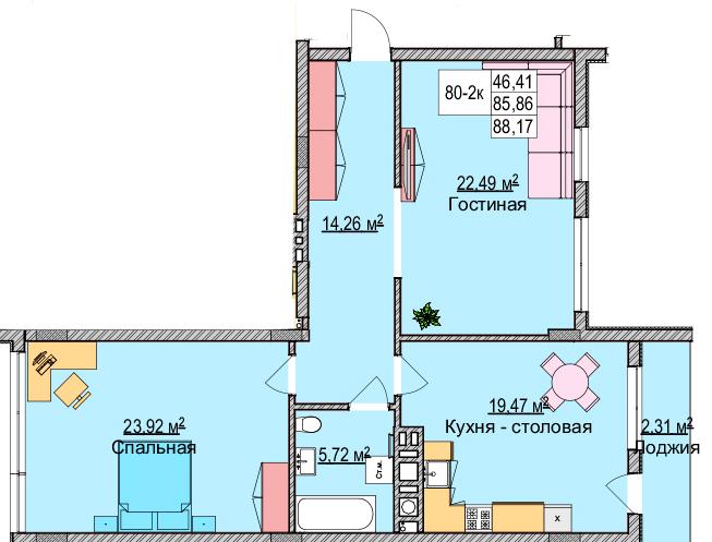 2-комнатная квартира, 89.3 м²