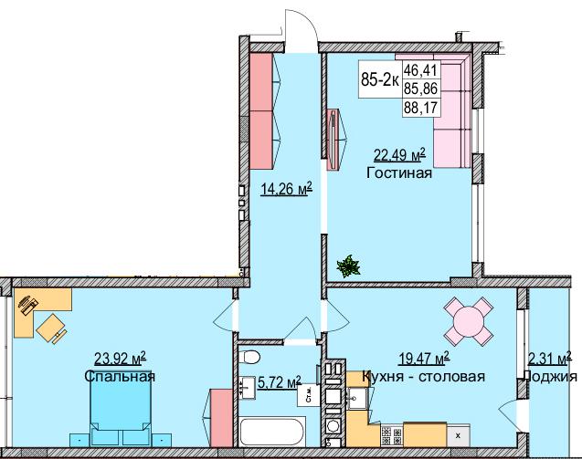 2-комнатная квартира, 89.5 м²