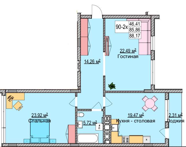 2-комнатная квартира, 89.5 м²