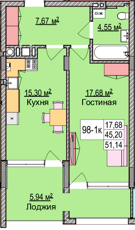 1-комнатная квартира, 52.2 м²