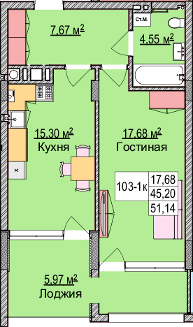 1-комнатная квартира, 52.3 м²