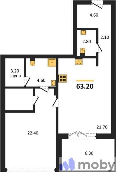 1-комнатная квартира, 63.2 м²