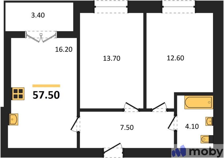 2-комнатная квартира, 57.5 м²