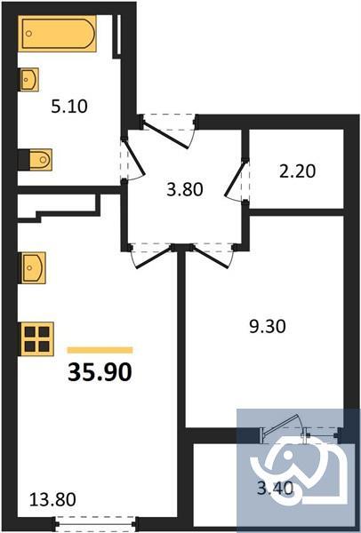 1-комнатная квартира, 35.9 м²