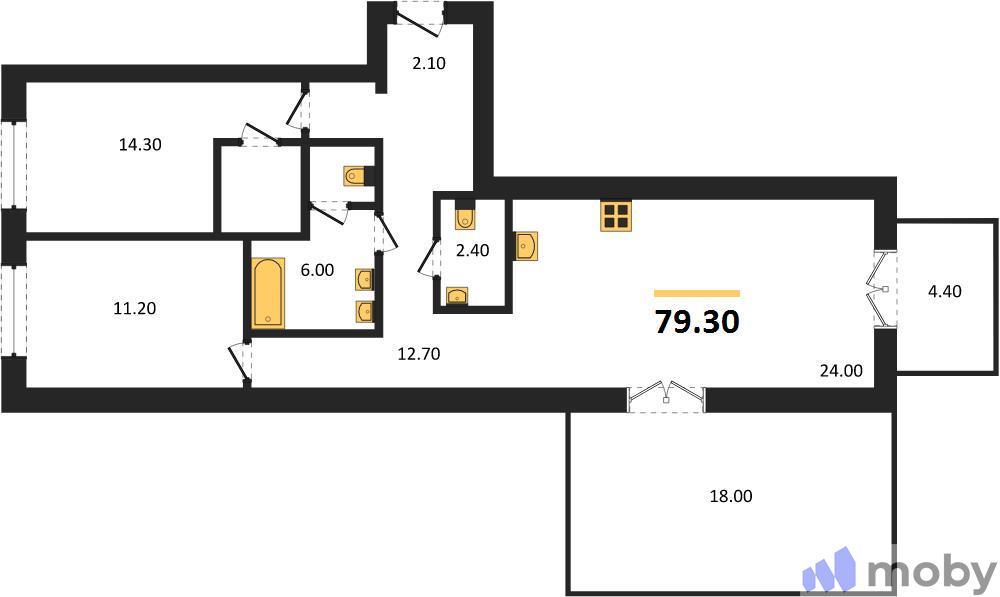2-комнатная квартира, 79.3 м²