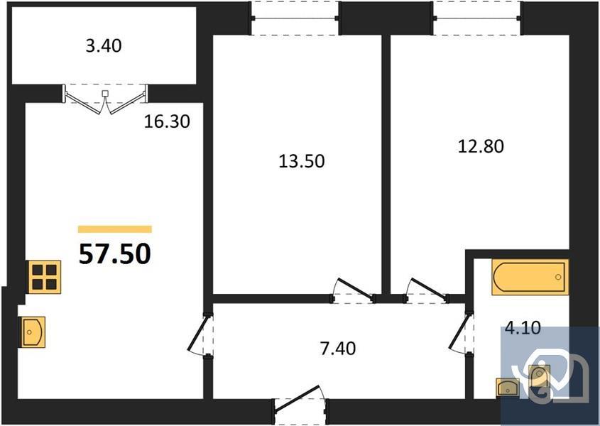 2-комнатная квартира, 57.5 м²