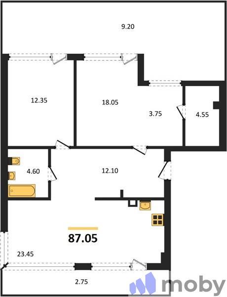 2-комнатная квартира, 87.1 м²