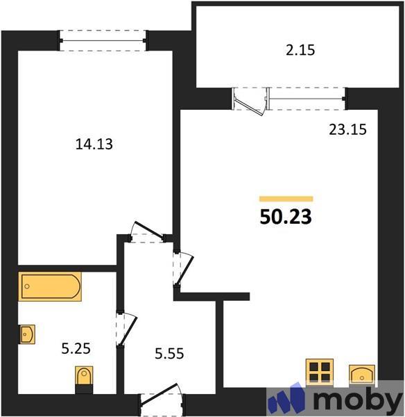 1-комнатная квартира, 55.3 м²