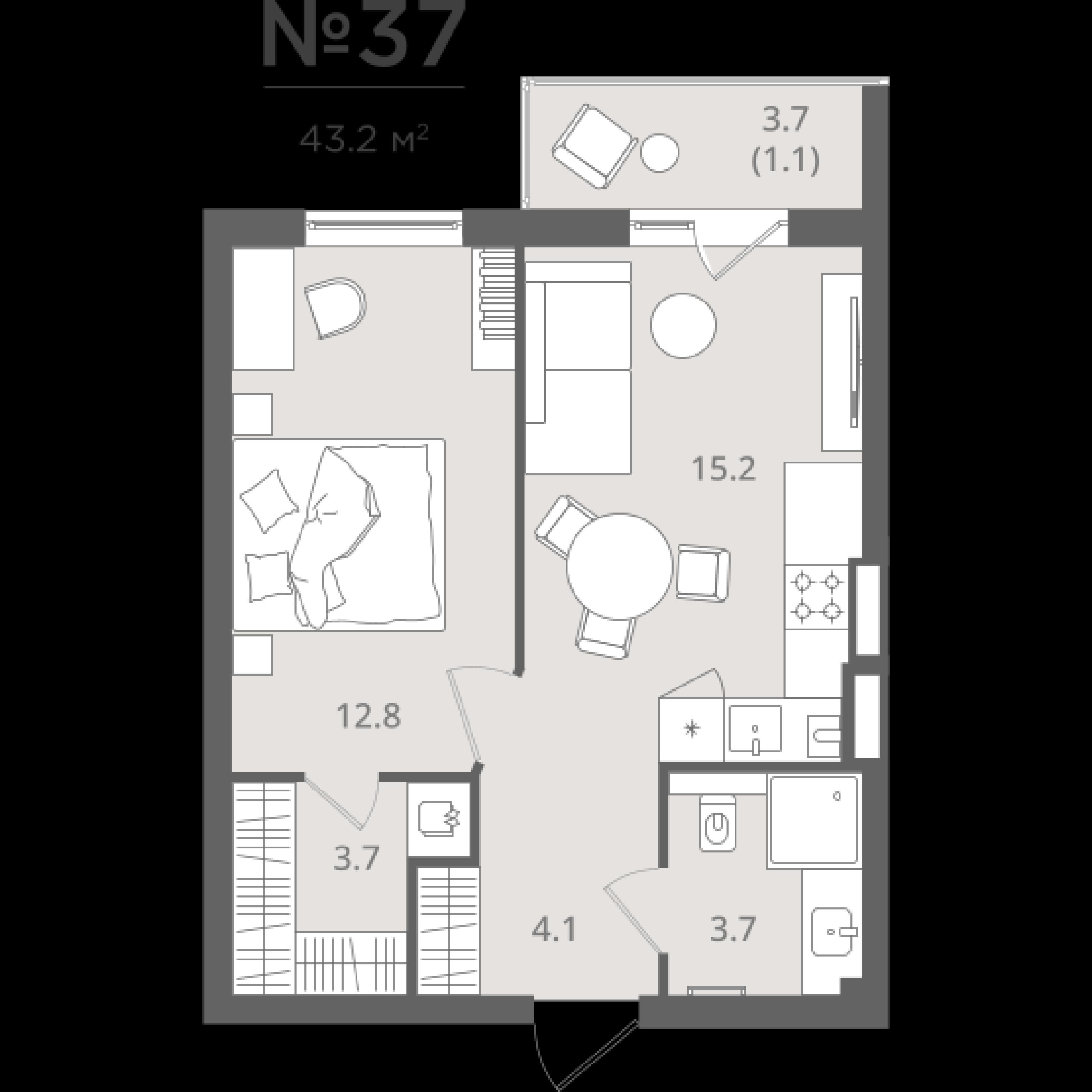 1-комнатная квартира, 40.6 м²