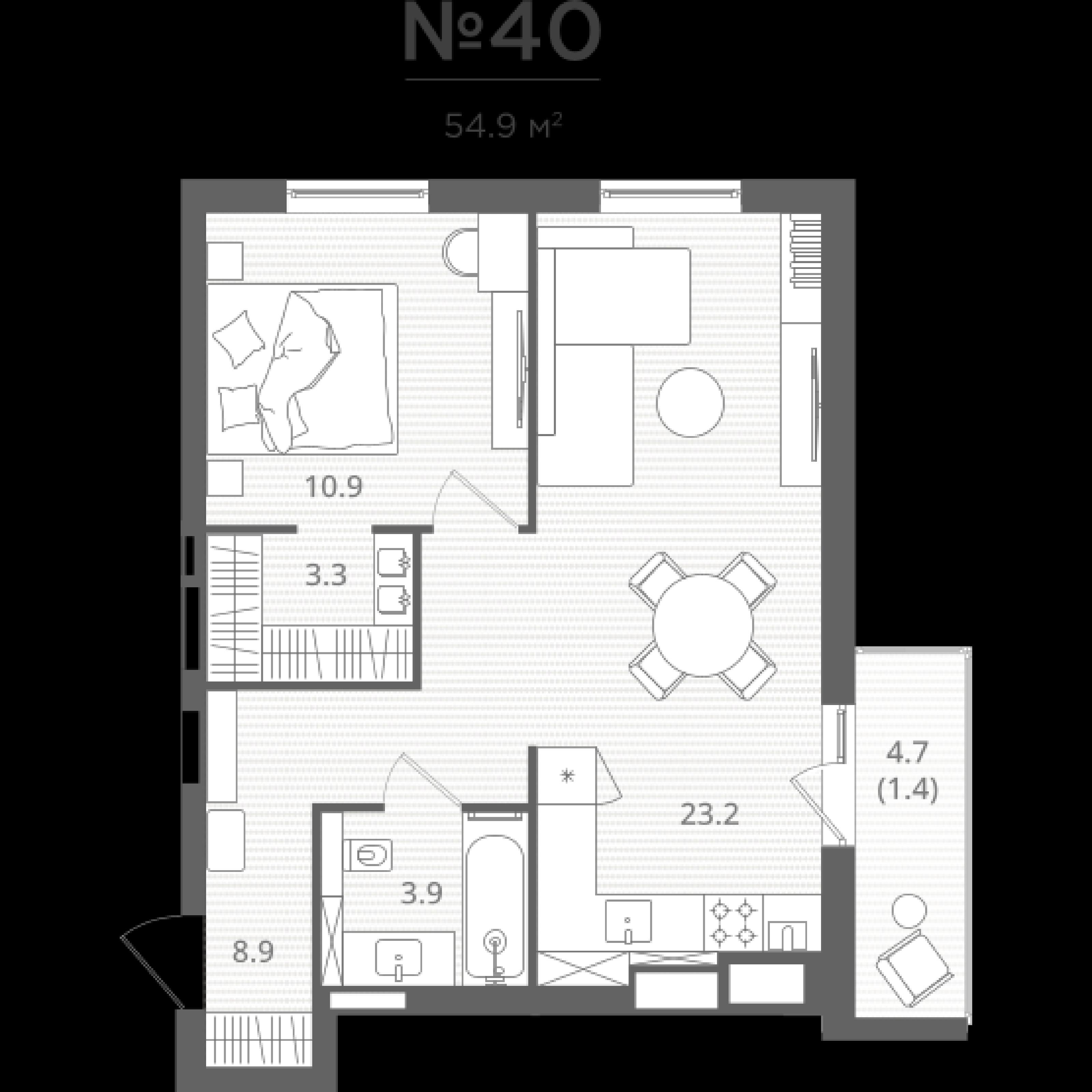 1-комнатная квартира, 51.6 м²