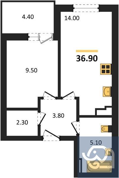 1-комнатная квартира, 36.9 м²