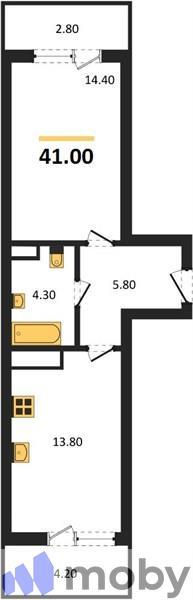 1-комнатная квартира, 41.0 м²