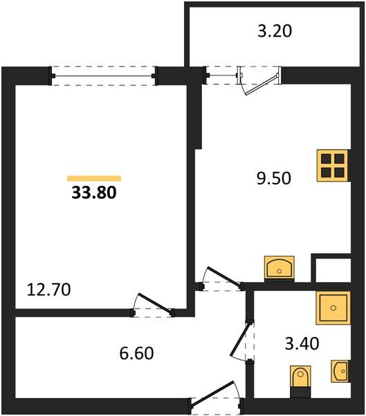 1-комнатная квартира, 33.8 м²