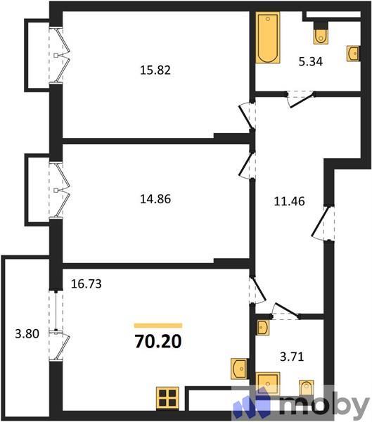 2-комнатная квартира, 70.2 м²
