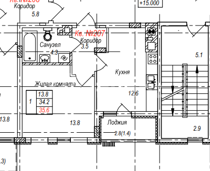 1-комнатная квартира, 35.6 м²