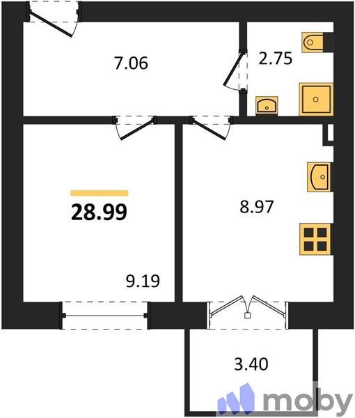1-комнатная квартира, 29.0 м²