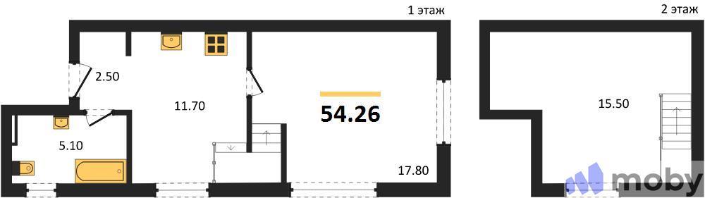1-комнатная квартира, 54.3 м²
