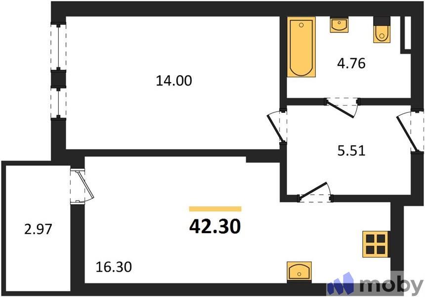 1-комнатная квартира, 42.3 м²